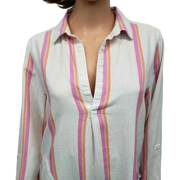 For Cynthia Rowley Popover Tunic Top Women M Linen blend Roll up sleeve Pockets - Picture 2 of 10